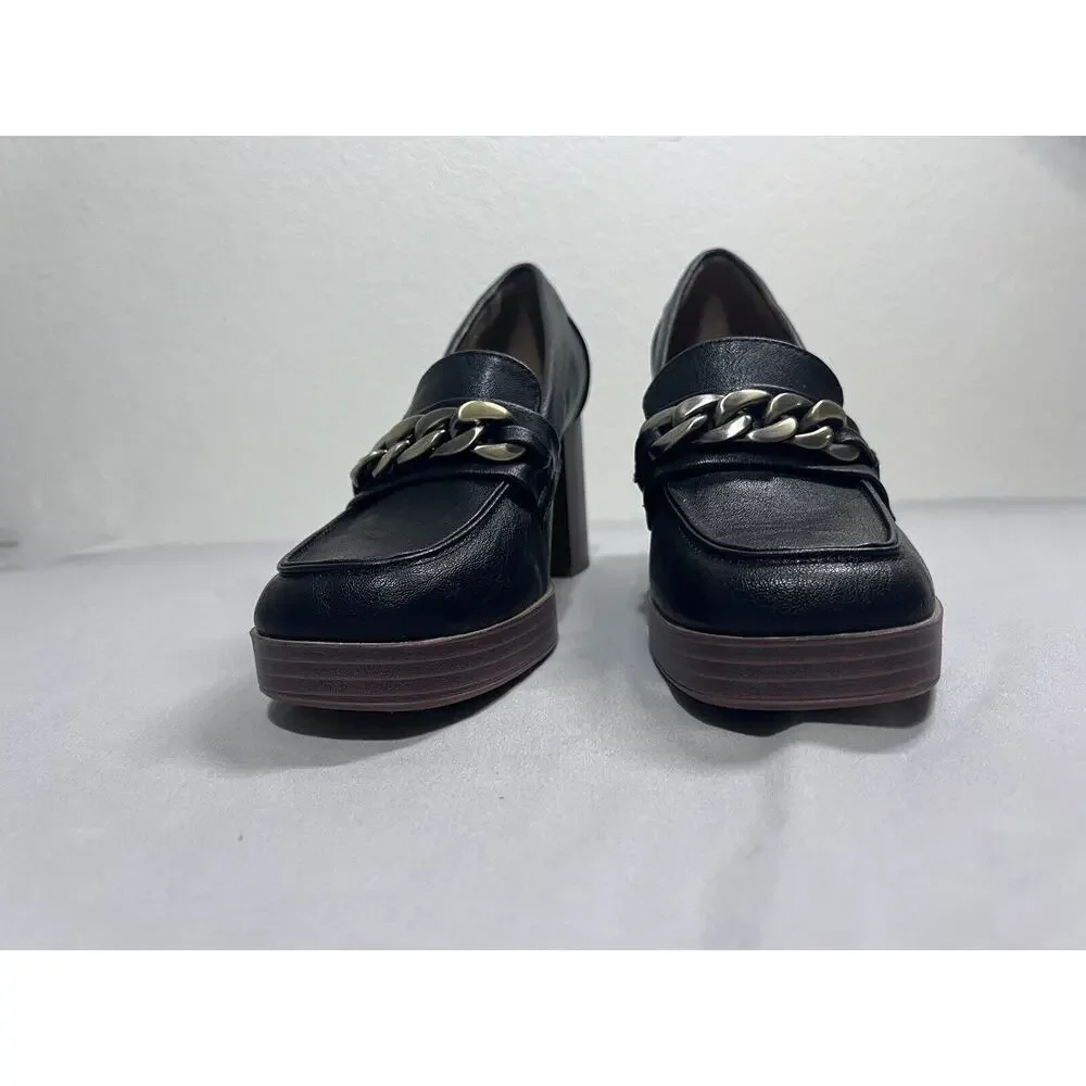 White Mountain Shoe Women 8 Black Loafer Heel Y2K 90s Chain Accent Dark Academia